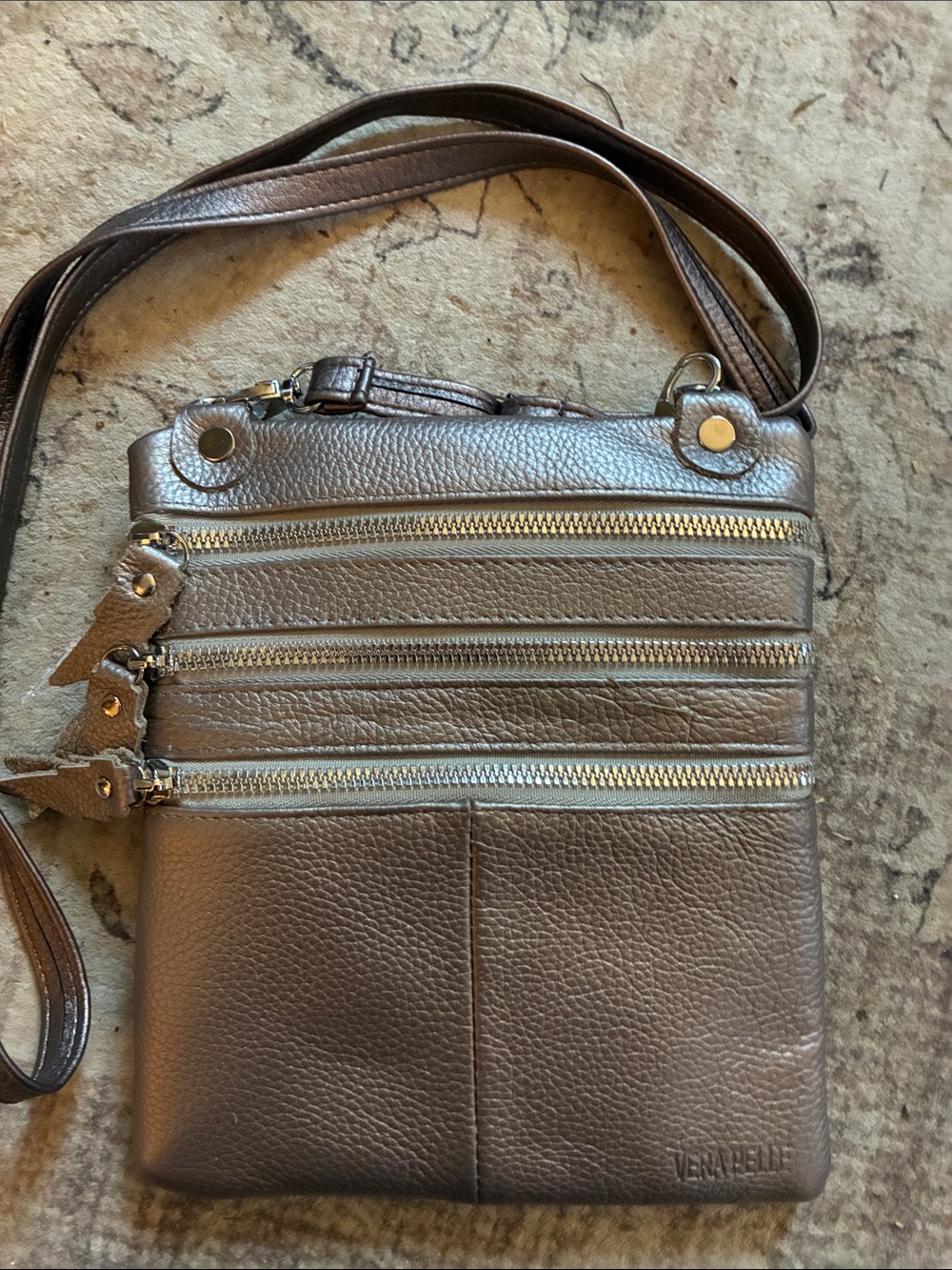 Vera Pelle Metallic Gold/Brown Pebbled Leather Crossbody Italy
